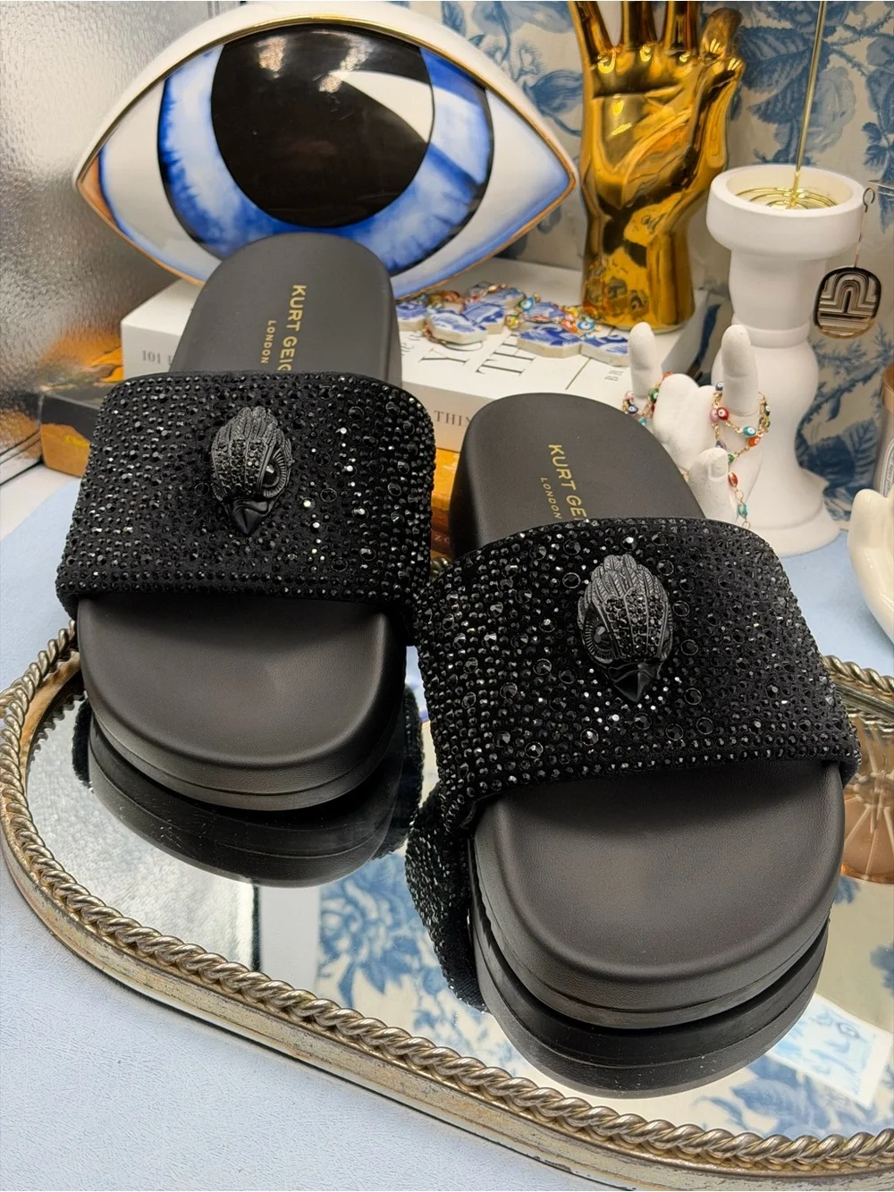 🆕 KURT GEIGER LONDON 🧿 NWOB Brockwell Strass Black Crystal Slide Sandal